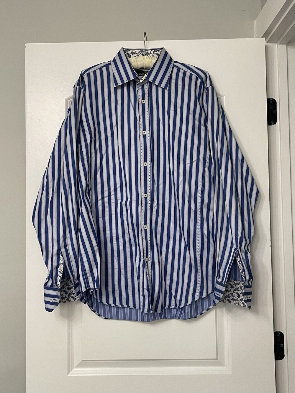 Bugatchi Uomo Blue White Striped Dress Shirt Large Paisley Cuff 100% Cotton